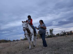 Alexis Brasier teaching a student to use her seat and body to move the horse.